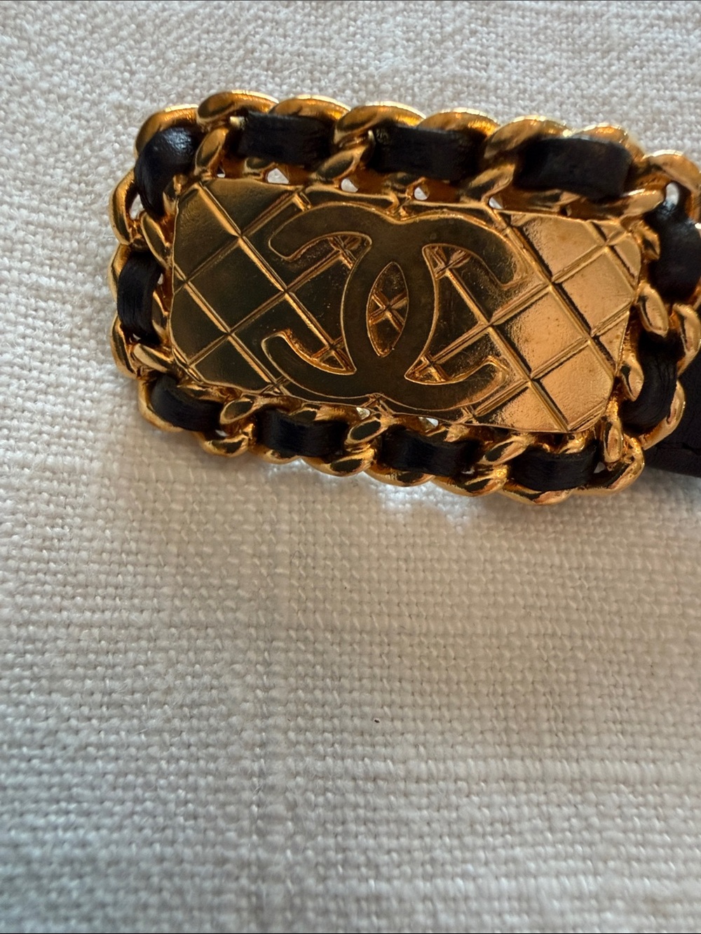 CHANEL Black Belt with Gold-Tone Decorative Buckle